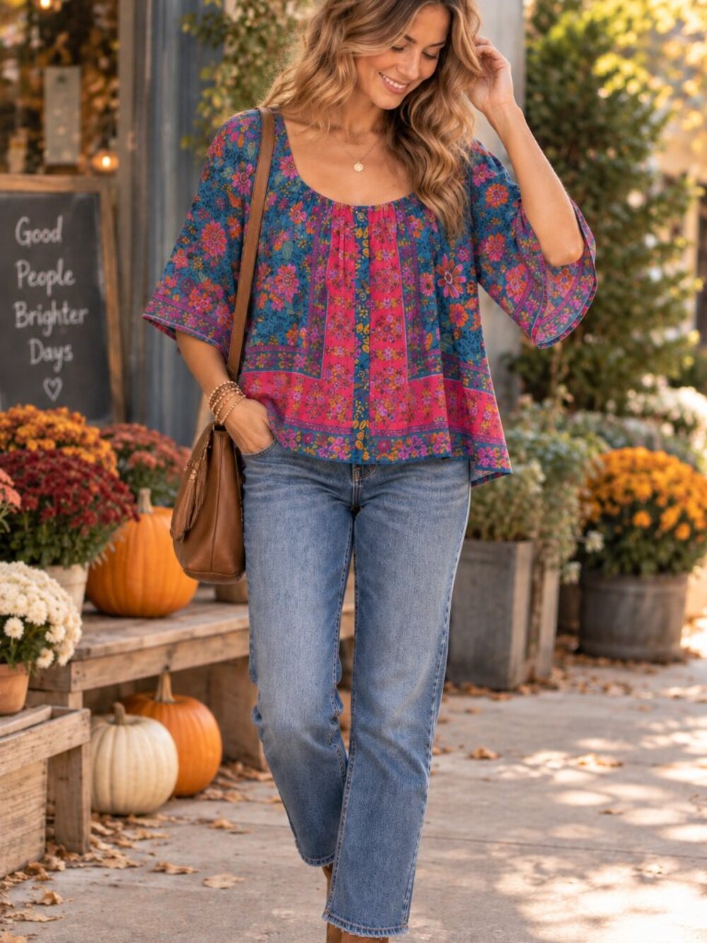 Natural Life Floral Boho Blouse M Blue Pink Bell Sleeve Peasant Top